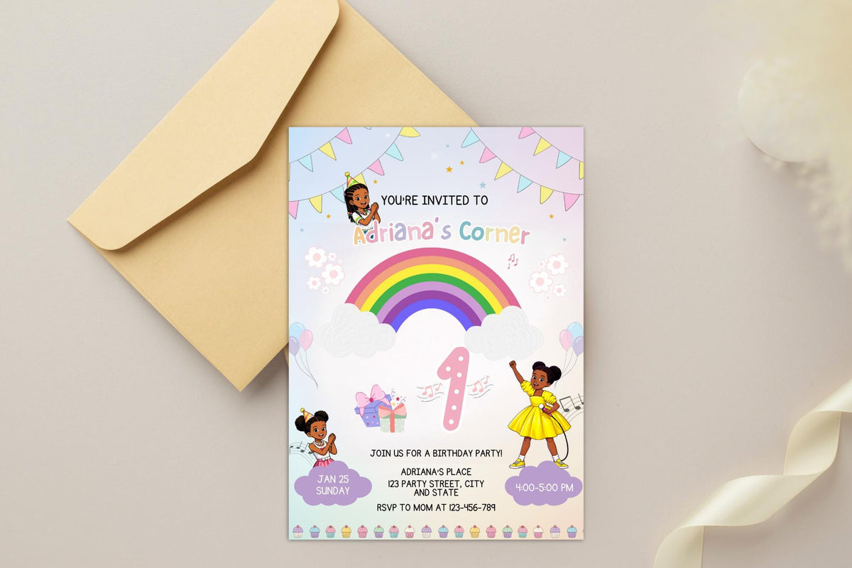 Rainbow First Birthday Invitation, Girl Party, Canva Editable (5x7 Printable Card)