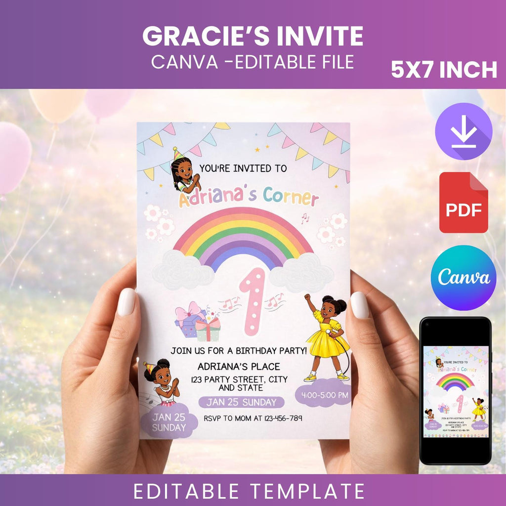 Rainbow First Birthday Invitation, Girl Party, Canva Editable (5x7 Printable Card)