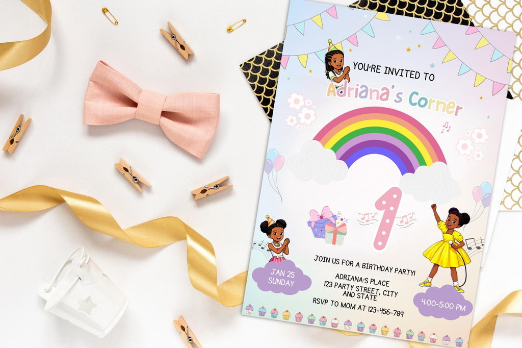 Rainbow First Birthday Invitation, Girl Party, Canva Editable (5x7 Printable Card)