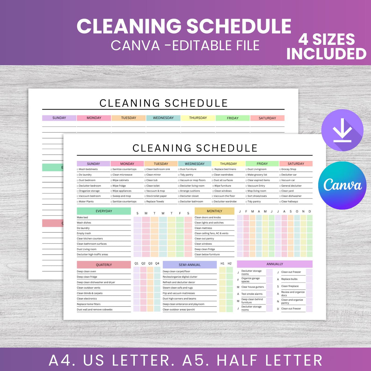 Cleaning Schedule Planner, Daily Weekly Monthly, Blank Pre-Filled (Digital Download)