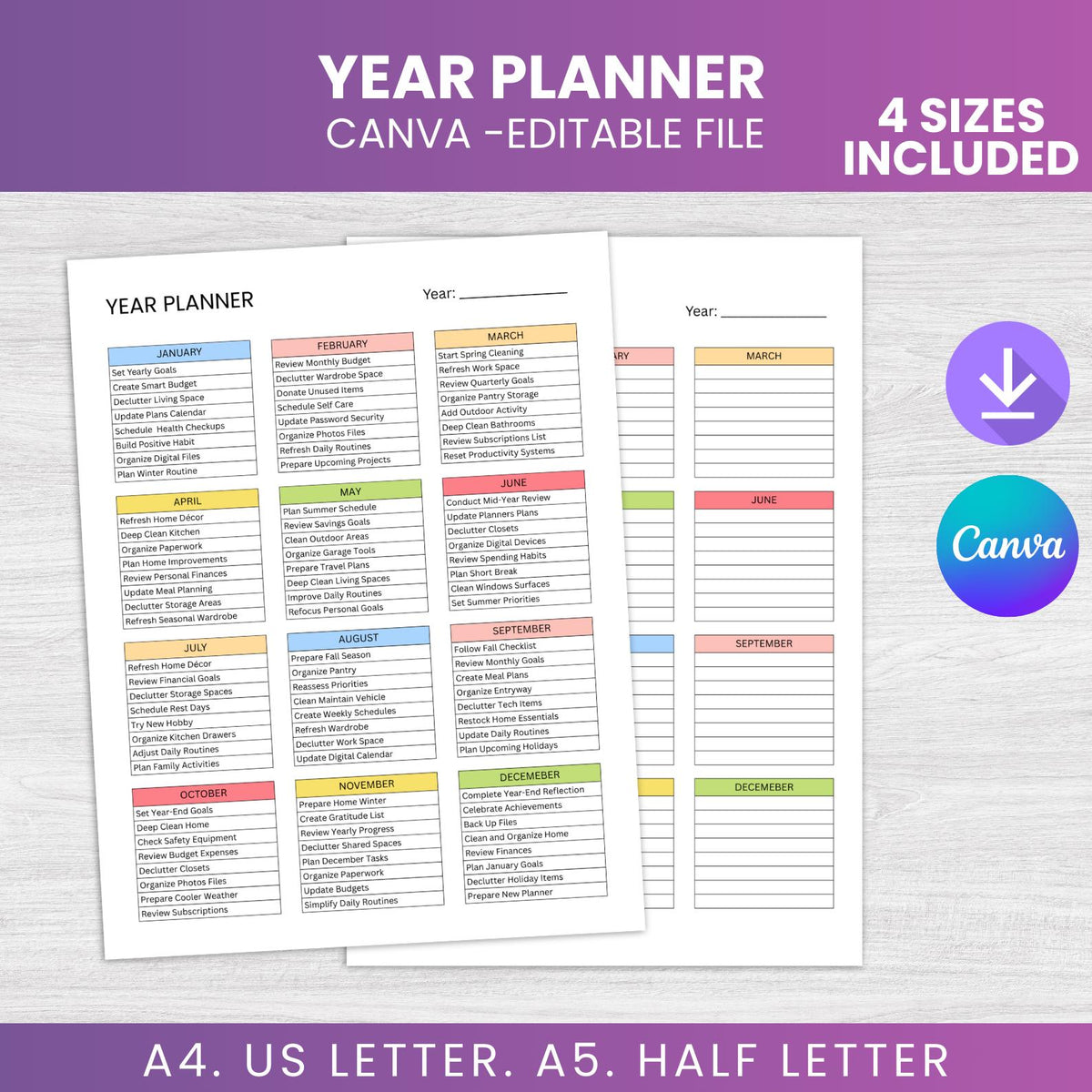 Year Planner Printable | Canva Editable, Undated (A4/A5/Letter Sizes) (Digital Download)