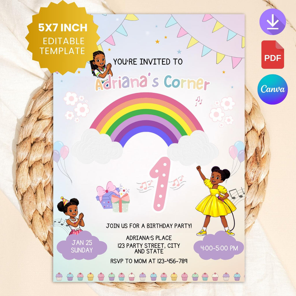 Rainbow First Birthday Invitation, Girl Party, Canva Editable (5x7 Printable Card)