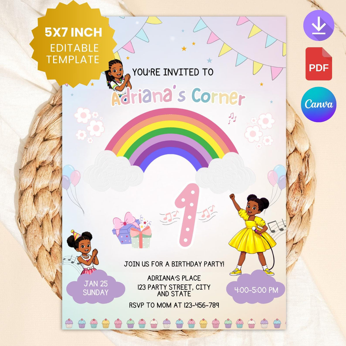 Rainbow First Birthday Invitation, Girl Party, Canva Editable (5x7 Printable Card)