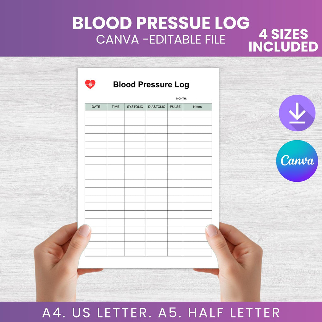 Blood Pressure Log Printable Blood Pressure Tracker PDF Blood Sugar Health Tracker Printable Medical Log Canva Editable A4 A5 US Letter