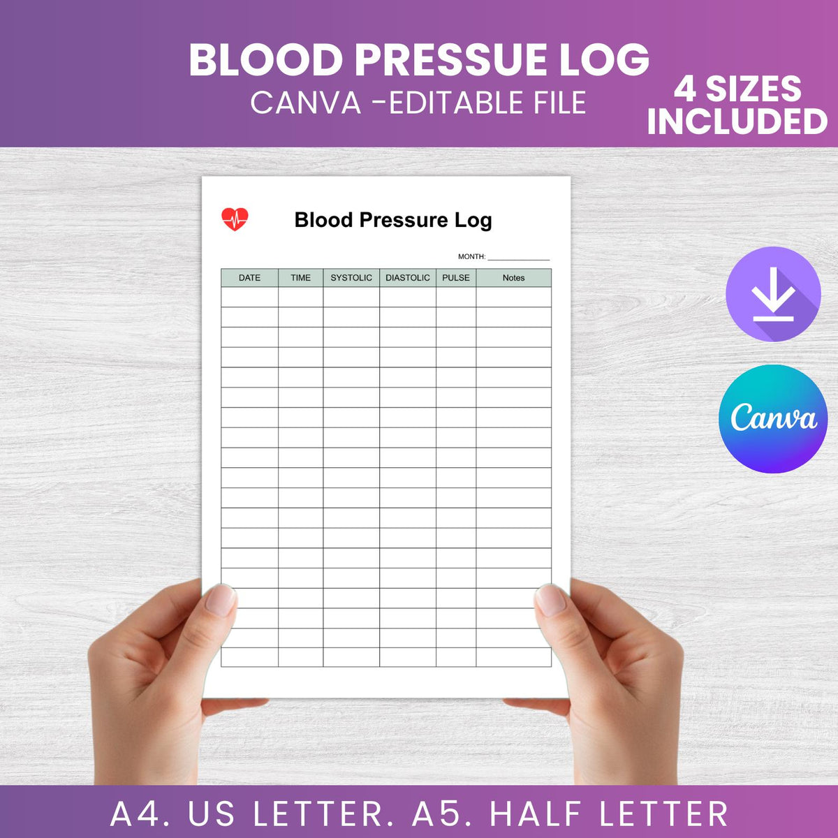 Blood Pressure Log Printable Blood Pressure Tracker PDF Blood Sugar Health Tracker Printable Medical Log Canva Editable A4 A5 US Letter