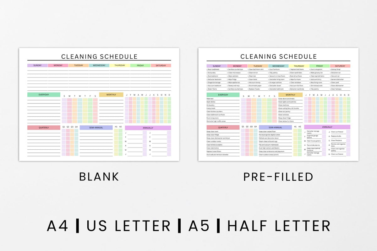 Cleaning Schedule Planner, Daily Weekly Monthly, Blank Pre-Filled (Digital Download)