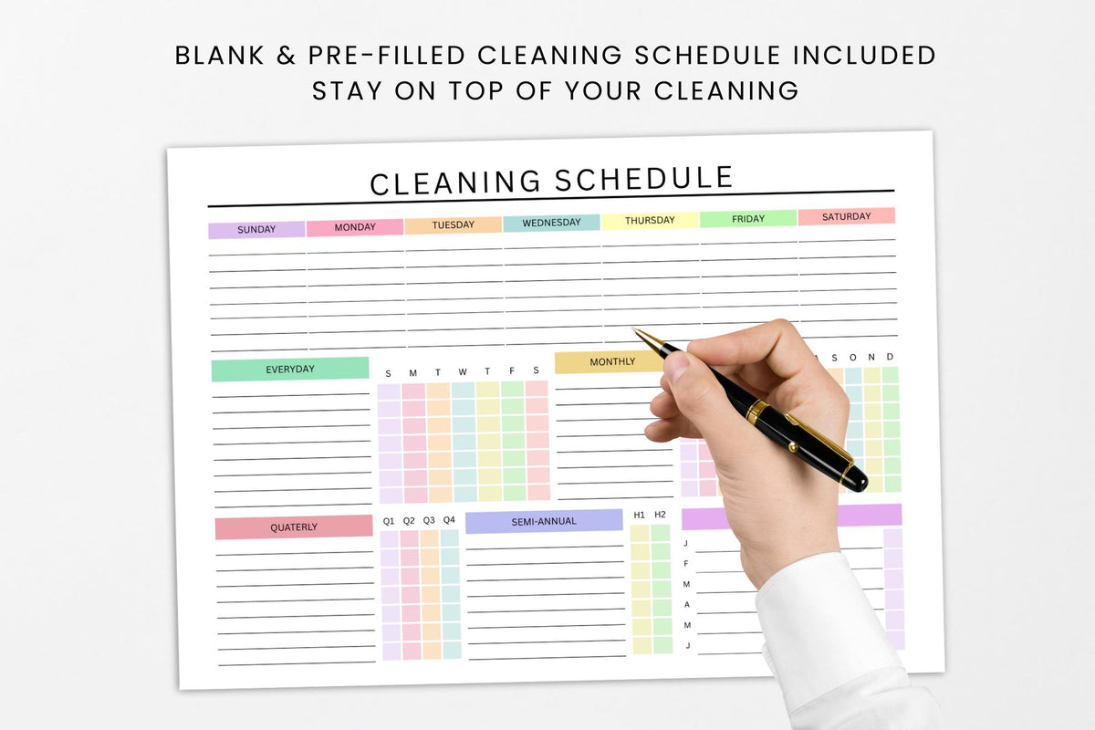 Cleaning Schedule Planner, Daily Weekly Monthly, Blank Pre-Filled (Digital Download)