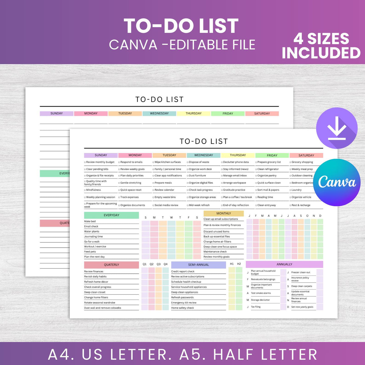 To-Do List Printable Planner, ADHD Task Tracker, Colorful PDF Checklist Daily Weekly Monthly Annual