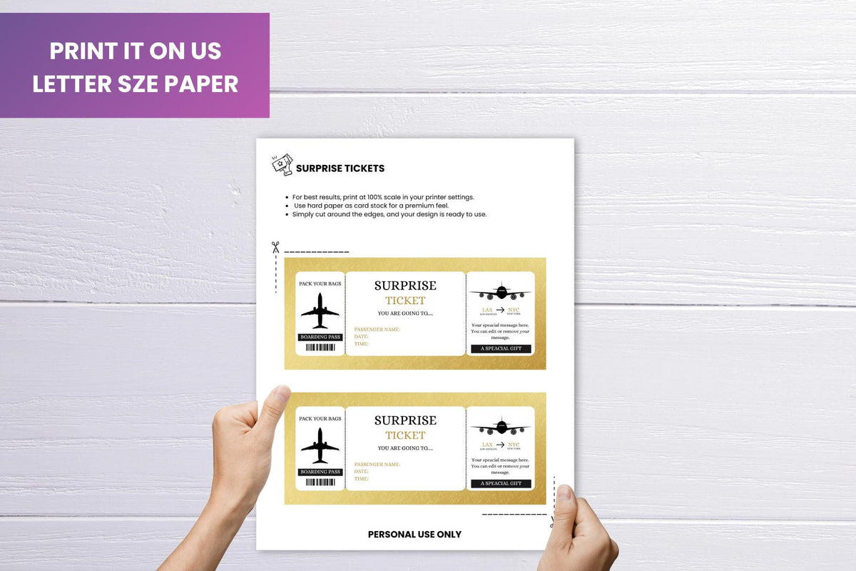 Surprise Trip Ticket Template • Editable Vacation Reveal (Canva, PDF)