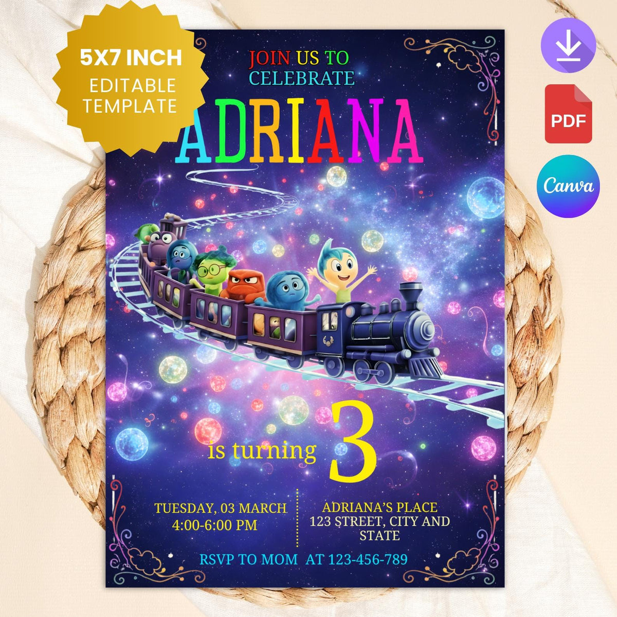 Space Train Birthday Invitation, Galaxy Party, Editable Canva Template (Digital Download 5x7 PDF PNG
