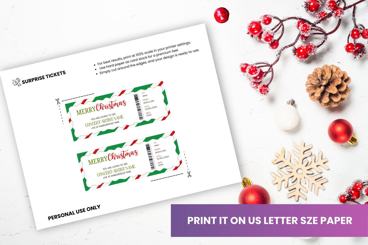 Editable Christmas Gift Ticket Template • Concert Surprise (PDF)