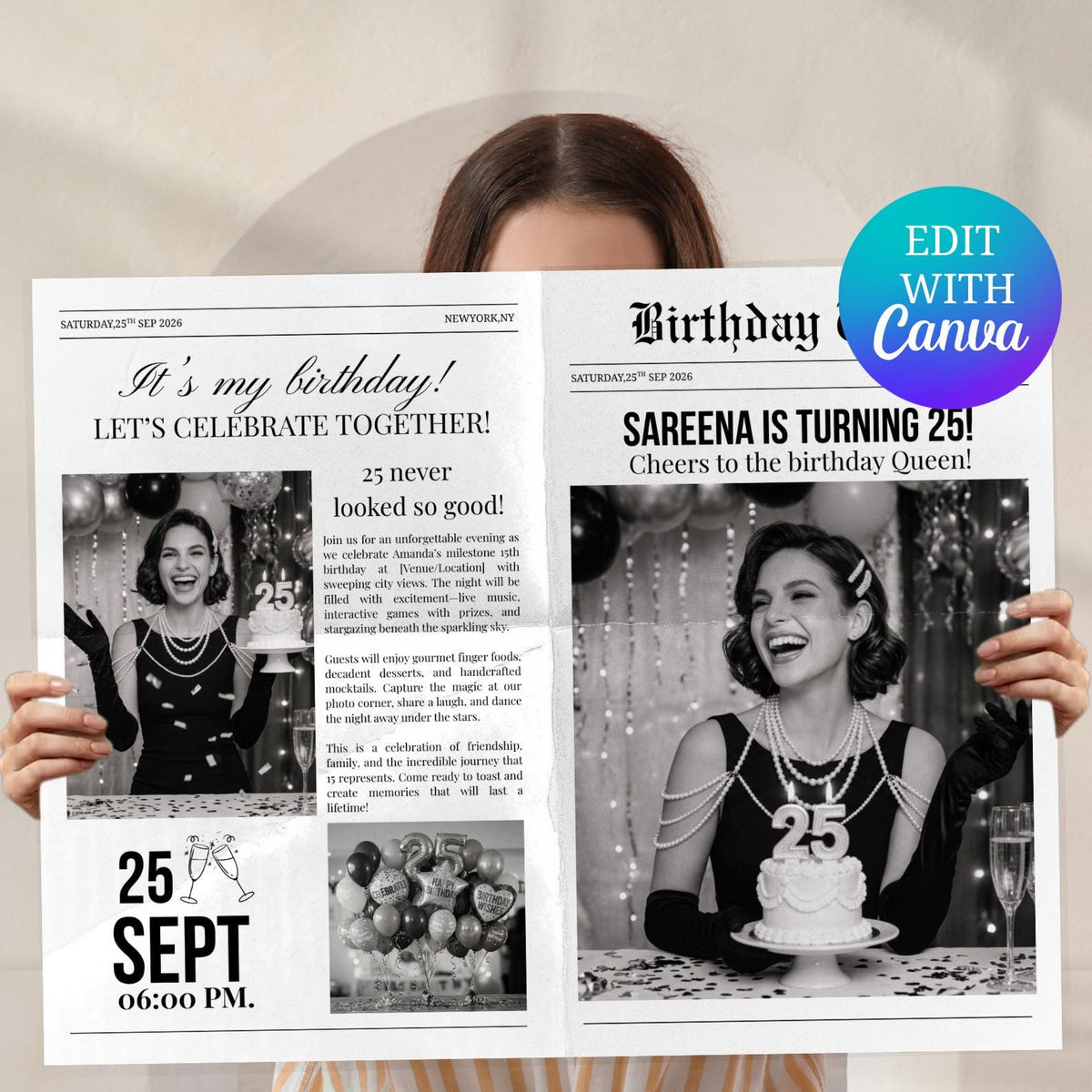 Editable Birthday Newspaper Poster, Custom Party Template (Digital Download)