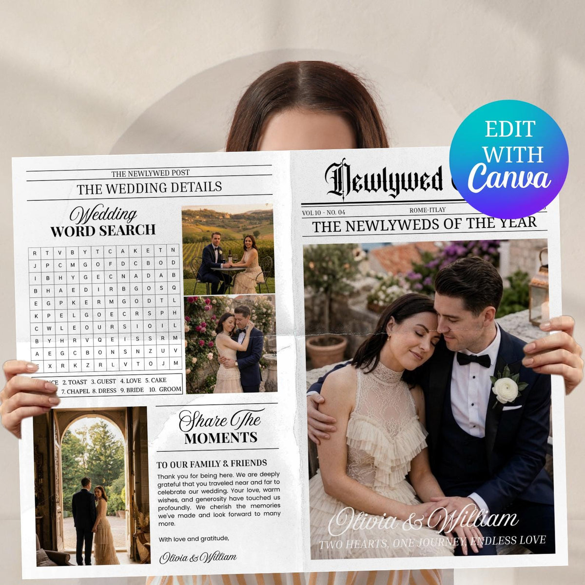 Wedding Newspaper Program, Editable Canva Template, Custom Poster (Digital Download)