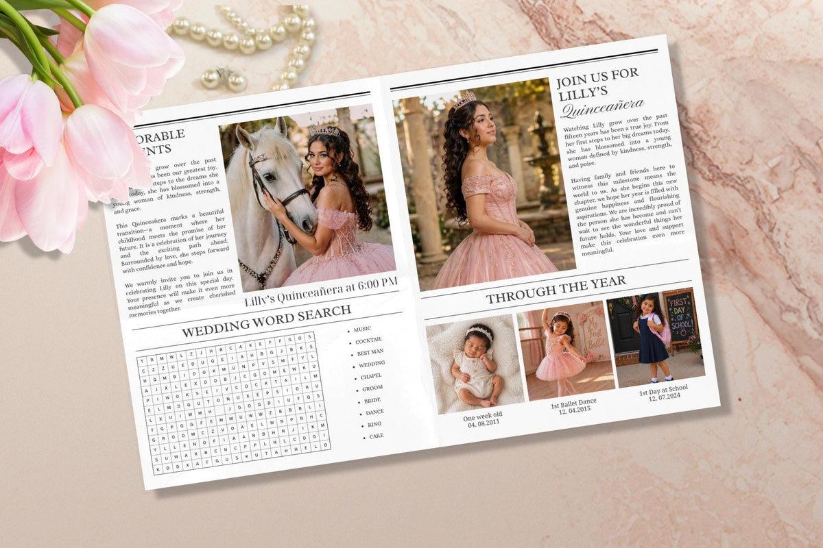 Quinceañera Newspaper Invitation Template, Editable Sweet 15 Party (Digital Download)