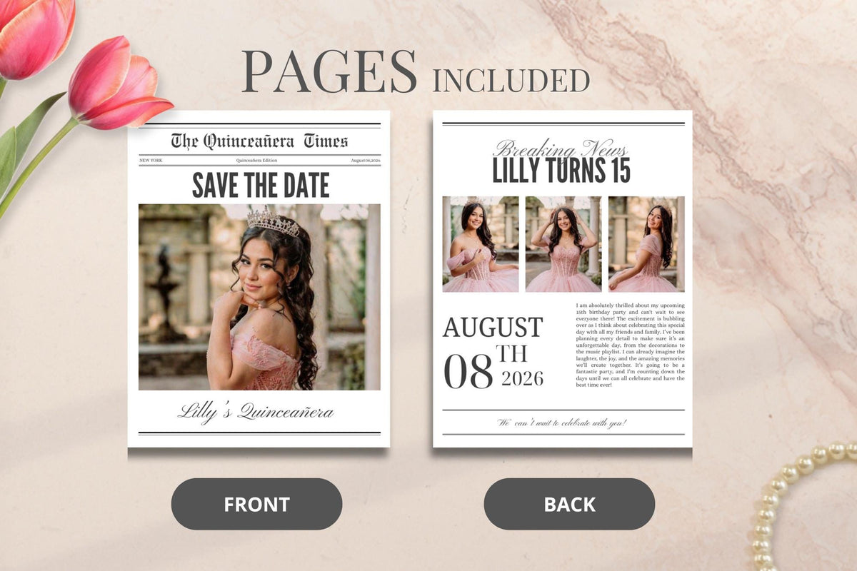 Quinceañera Newspaper Invitation Template, Editable Sweet 15 Party (Digital Download)