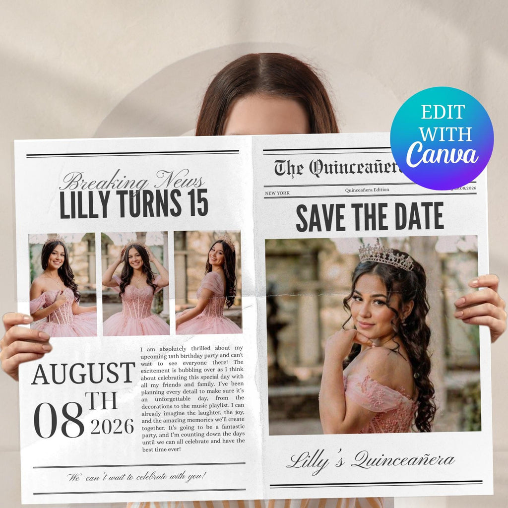 Quinceañera Newspaper Invitation Template, Editable Sweet 15 Party (Digital Download)