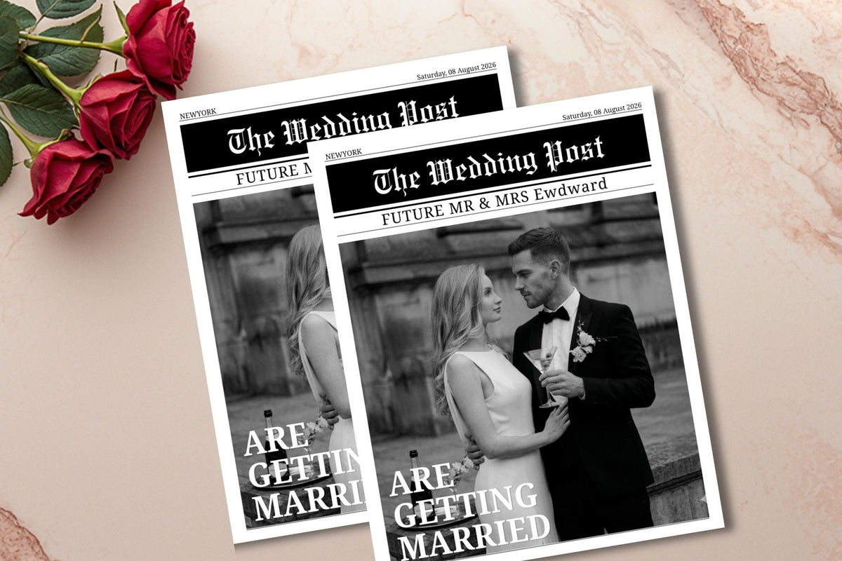 Editable Wedding Newspaper Template, Vintage Black White Program (Digital Download)
