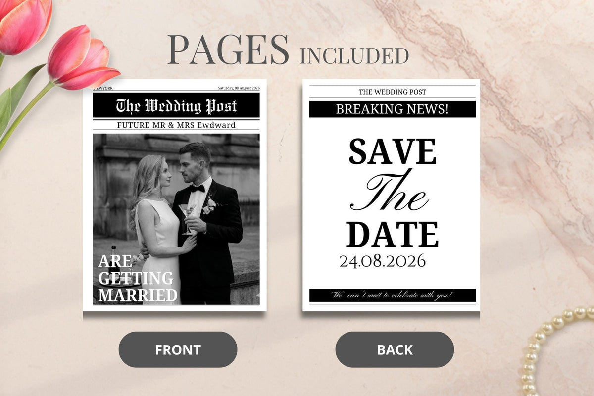 Editable Wedding Newspaper Template, Vintage Black White Program (Digital Download)