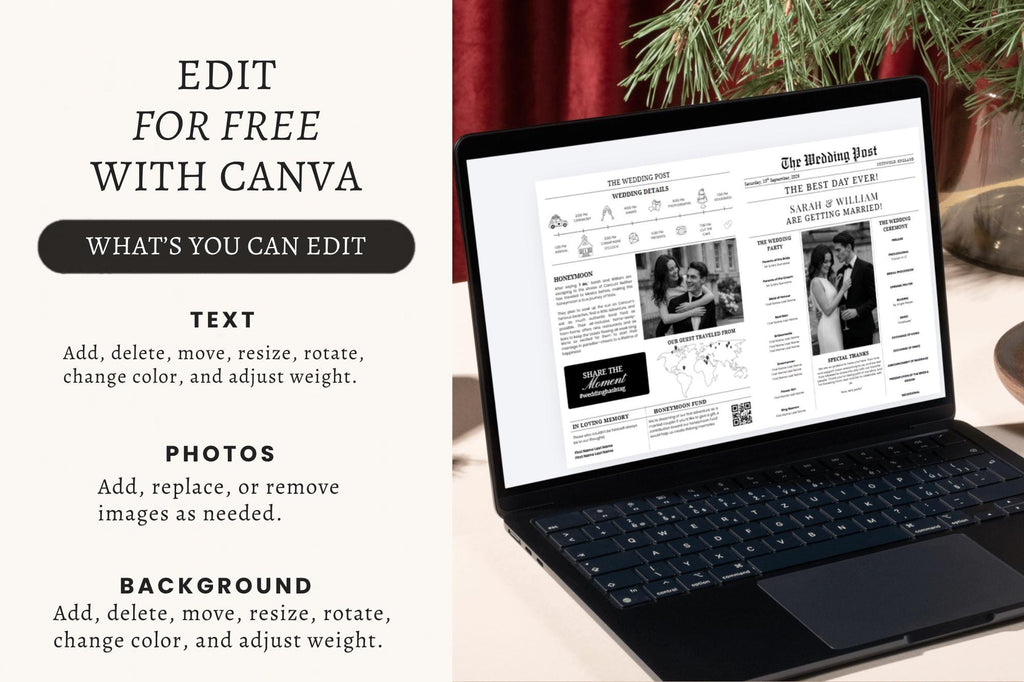 Wedding Newspaper Program Template, Editable Canva Timeline Magazine (Digital Download)