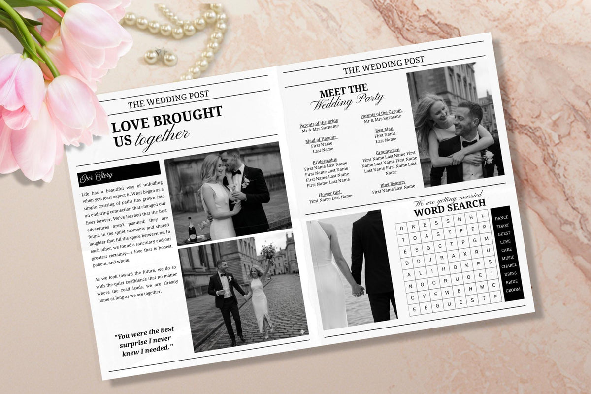 Editable Wedding Newspaper Template, Vintage Black White Program (Digital Download)