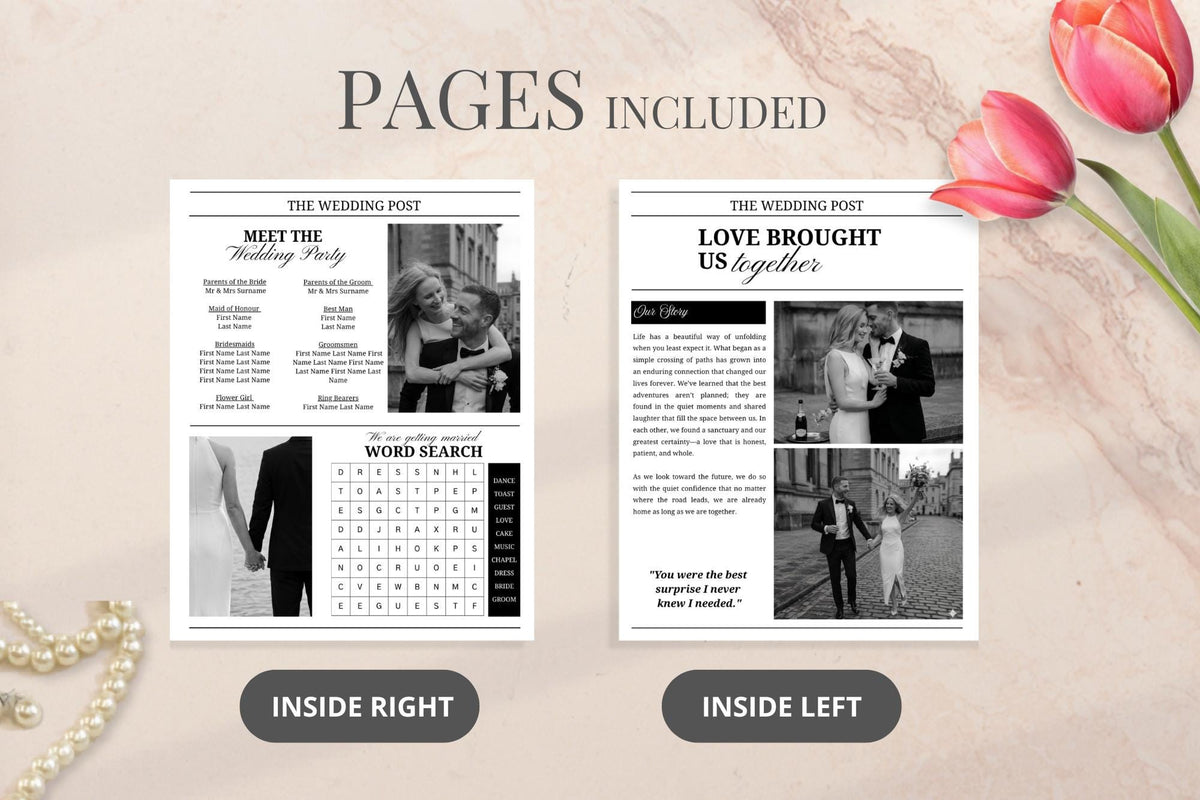 Editable Wedding Newspaper Template, Vintage Black White Program (Digital Download)