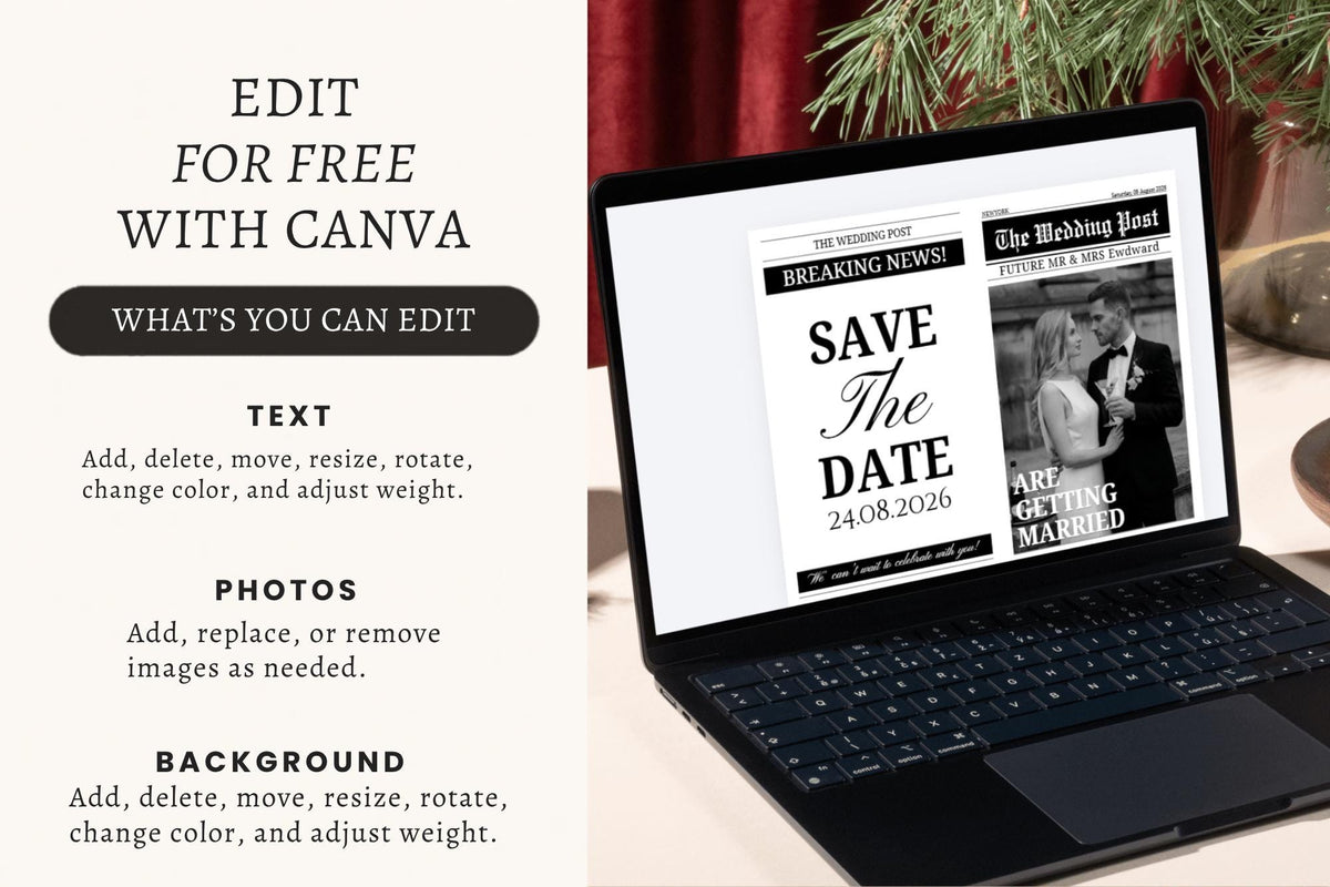Editable Wedding Newspaper Template, Vintage Black White Program (Digital Download)