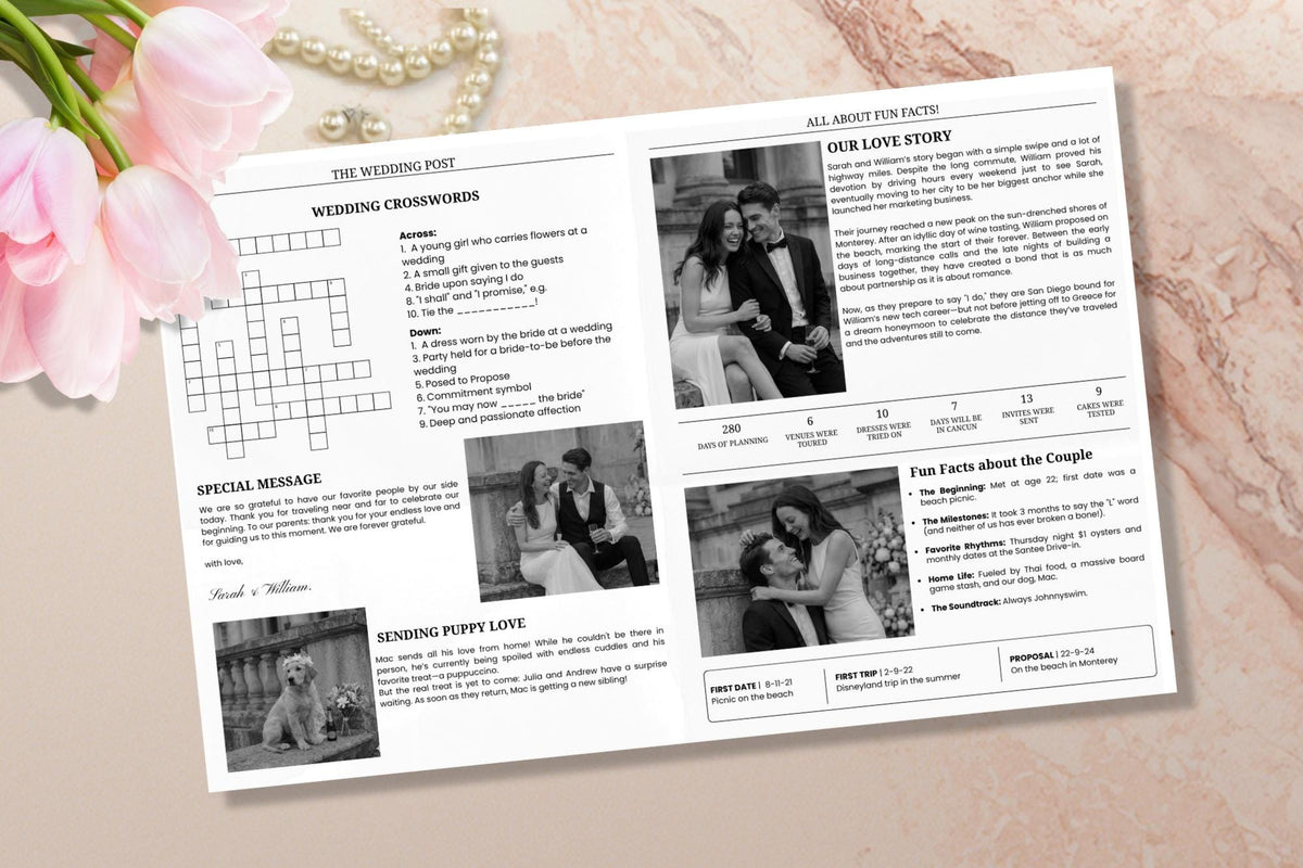 Wedding Newspaper Program Template, Editable Canva Timeline Magazine (Digital Download)