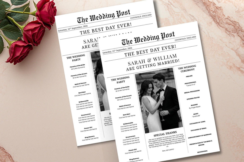 Wedding Newspaper Program Template, Editable Canva Timeline Magazine (Digital Download)