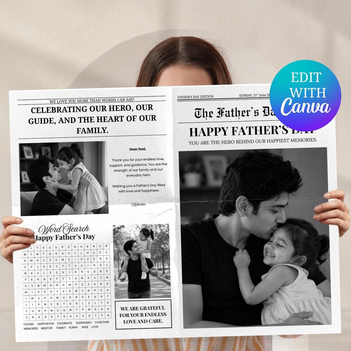 Editable Father's Day Newspaper Template, Personalized Dad Gift (Digital Download)