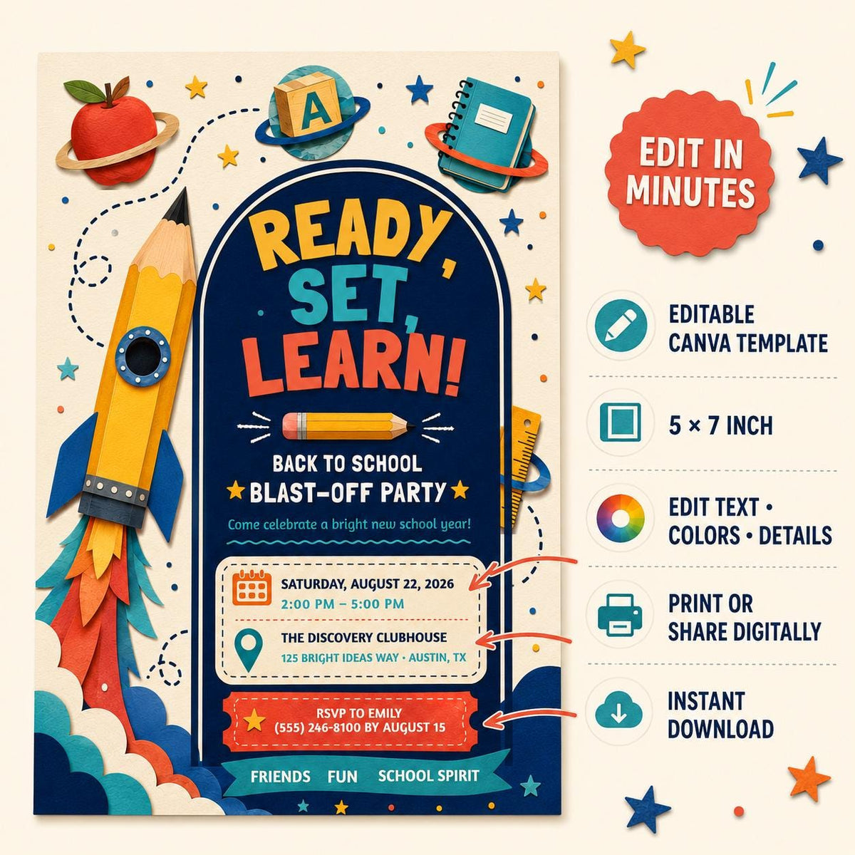 Editable Back to School Invitation, Pencil Rocket Blast-Off Party Template (5x7)