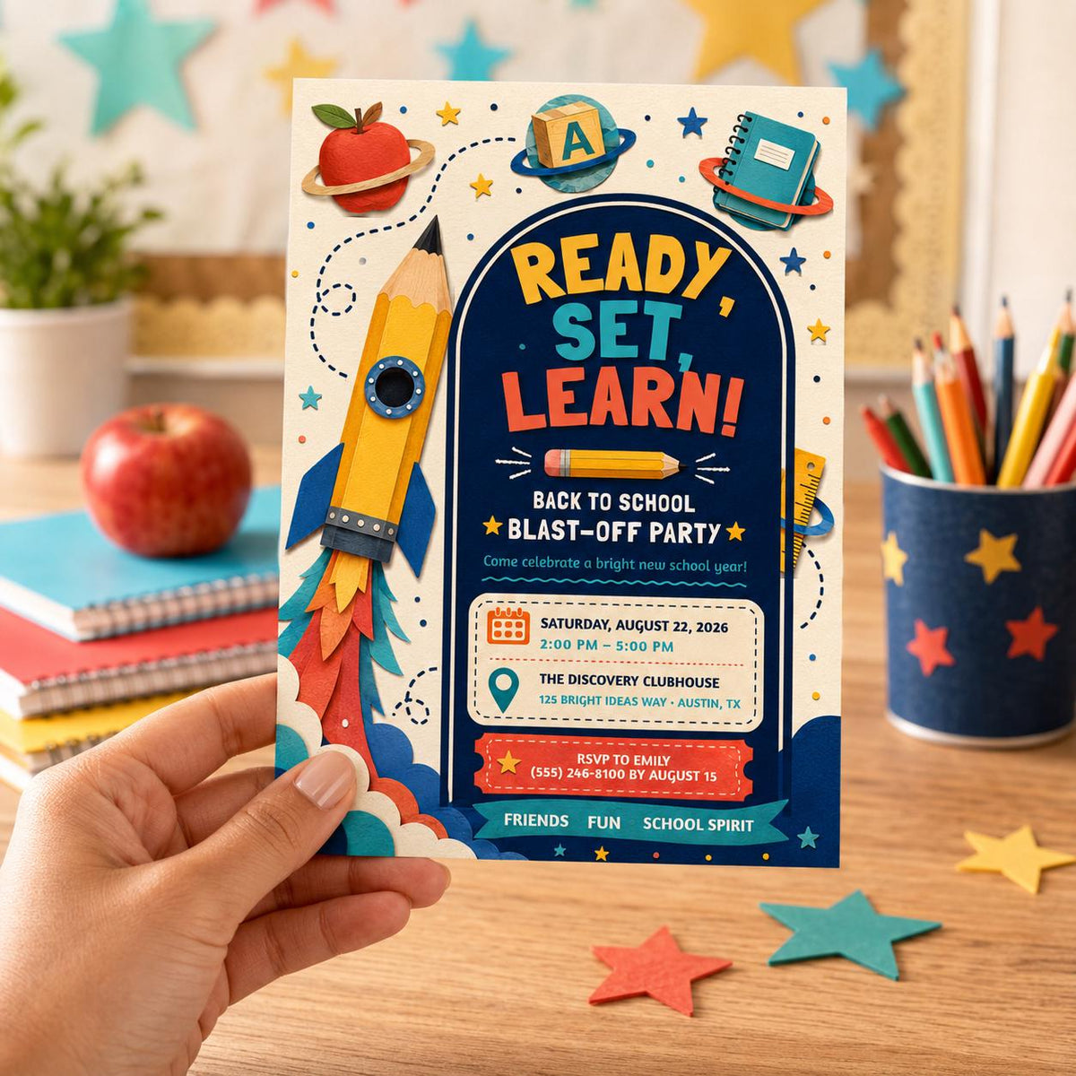 Editable Back to School Invitation, Pencil Rocket Blast-Off Party Template (5x7)