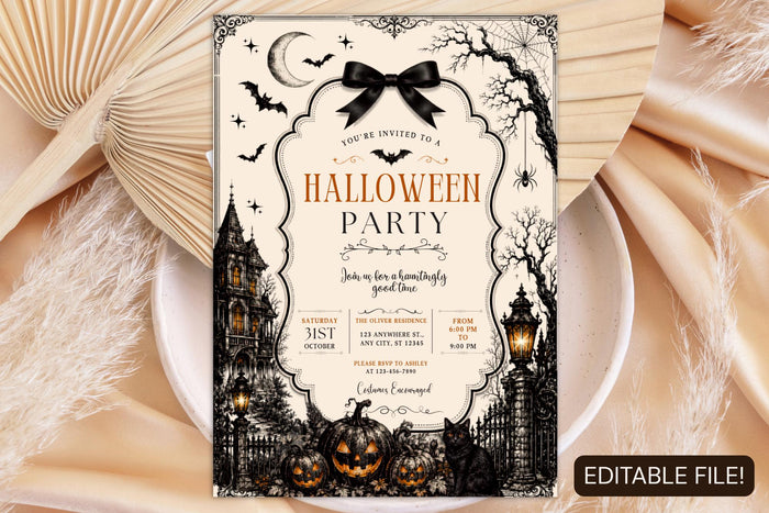 Editable Gothic Halloween Party Invitation, Vintage Spooky Invite (5x7 Inches)