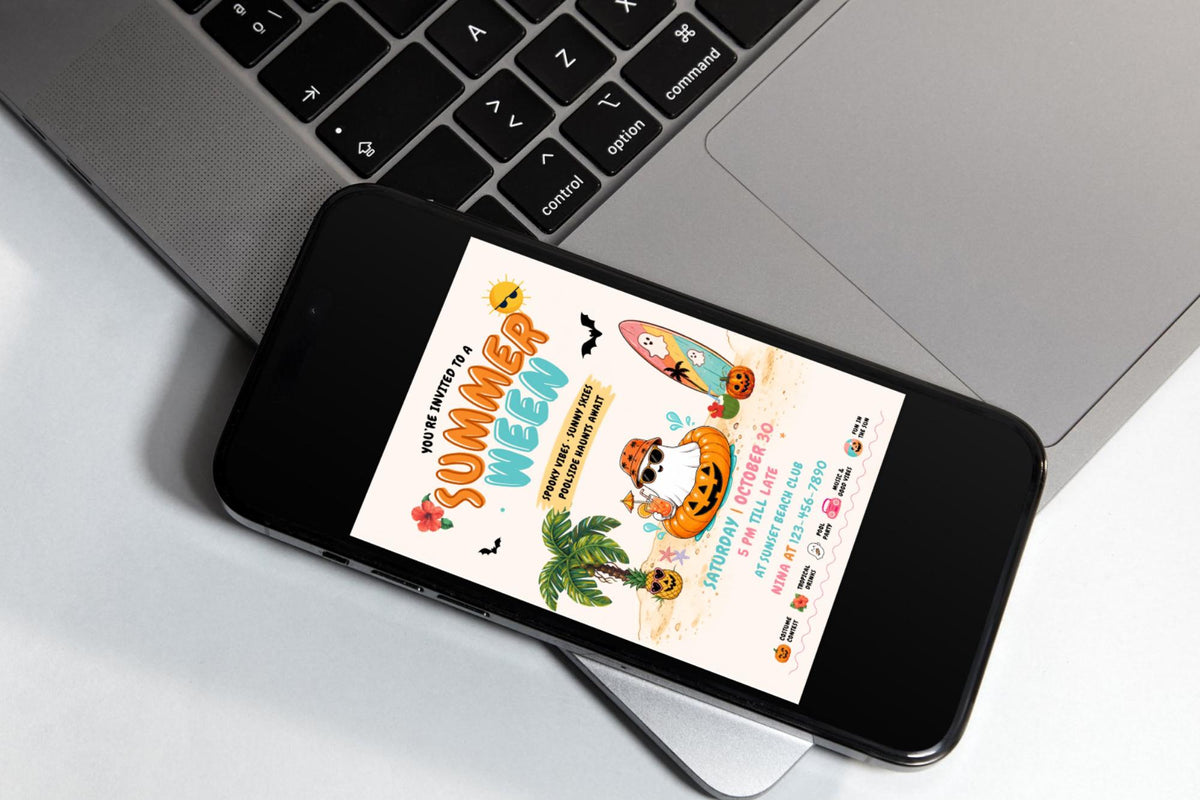 Summerween Party Invitation, Editable Tropical Halloween Pool Invite (Digital Download)