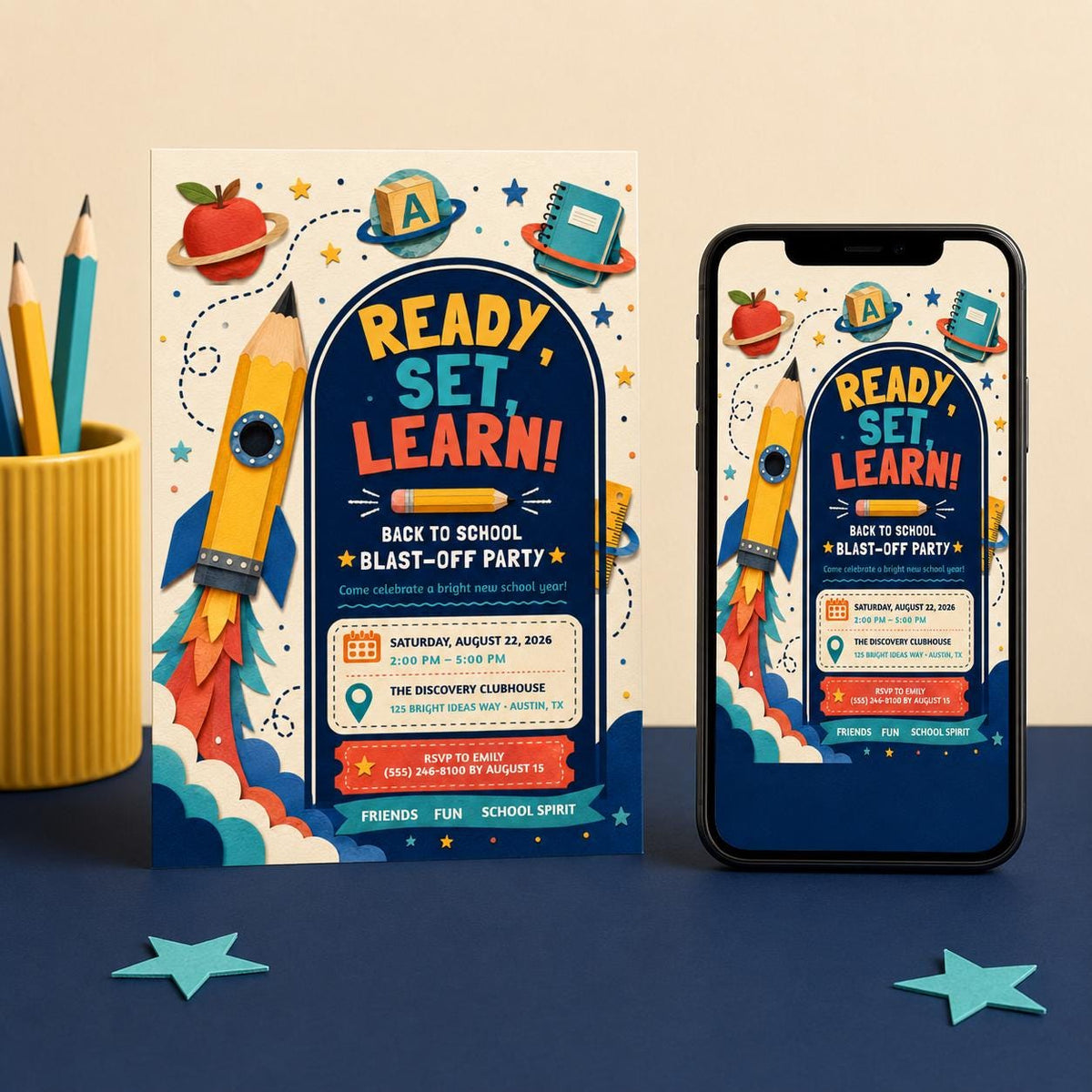 Editable Back to School Invitation, Pencil Rocket Blast-Off Party Template (5x7)