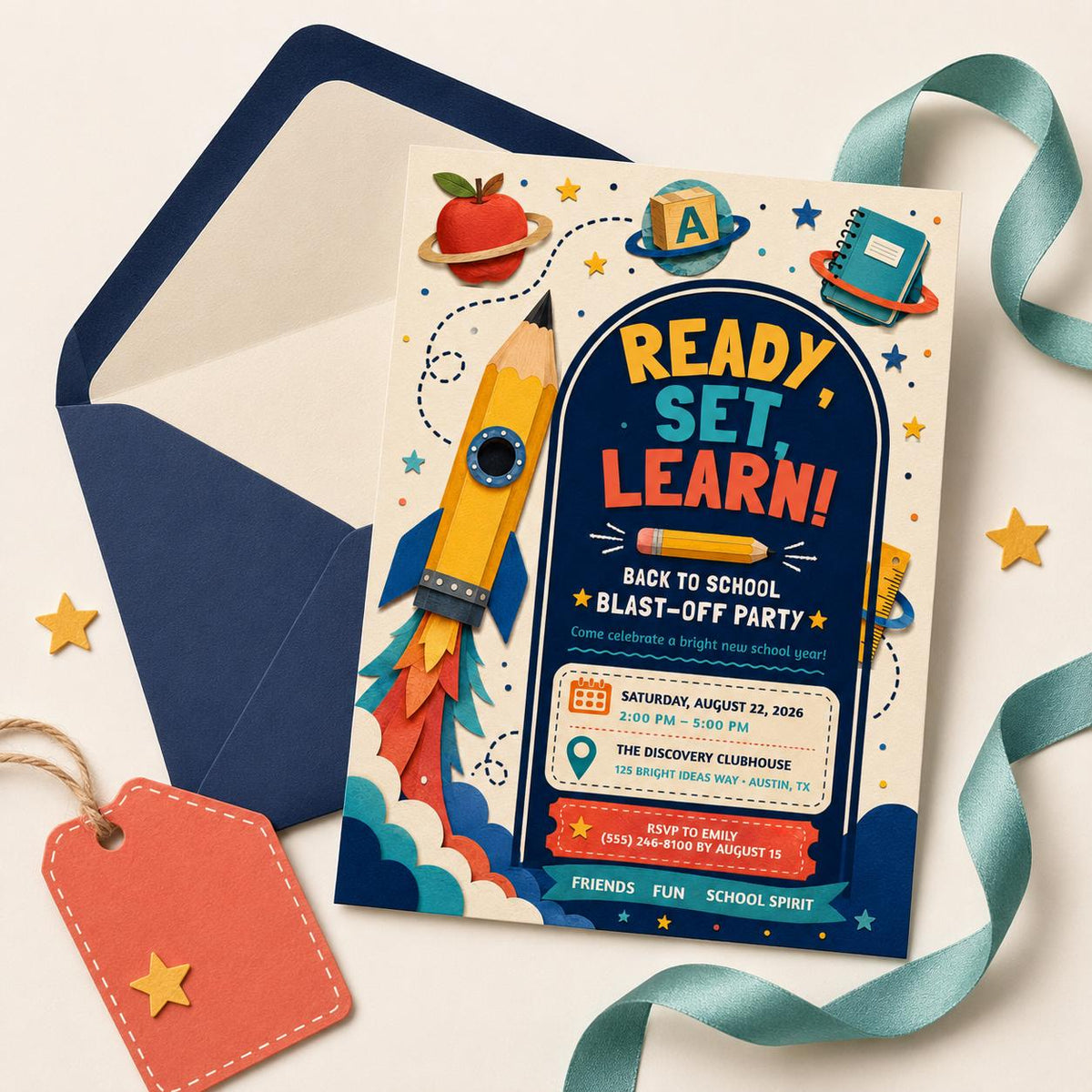 Editable Back to School Invitation, Pencil Rocket Blast-Off Party Template (5x7)