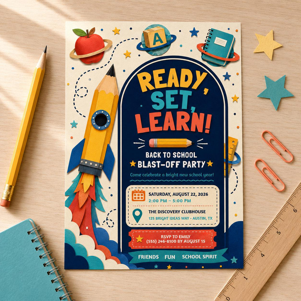 Editable Back to School Invitation, Pencil Rocket Blast-Off Party Template (5x7)