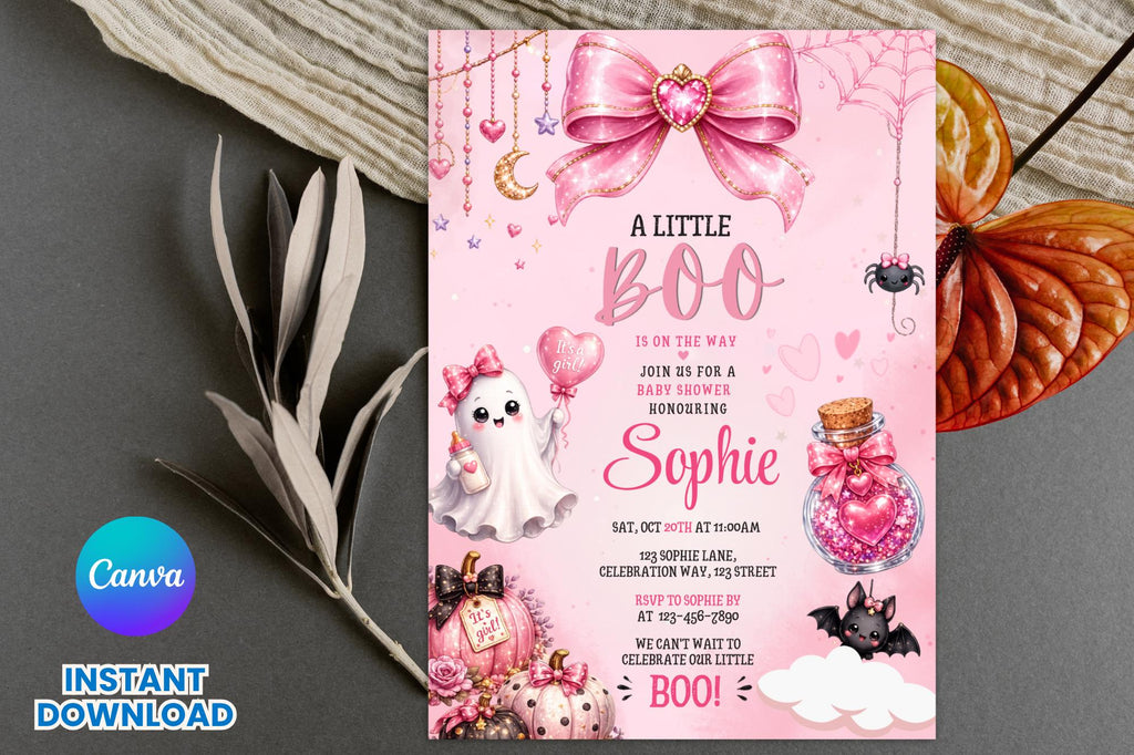 Pink Halloween Baby Shower Invitation, Little Boo Girl Ghost Invite (5x7 Instant Download)