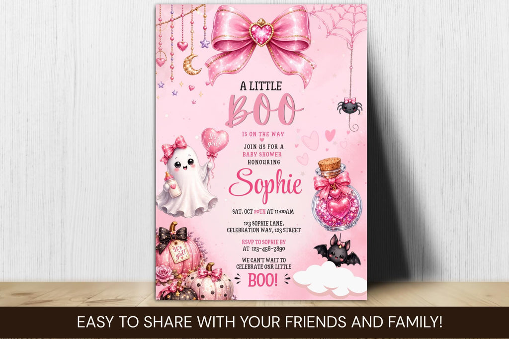 Pink Halloween Baby Shower Invitation, Little Boo Girl Ghost Invite (5x7 Instant Download)