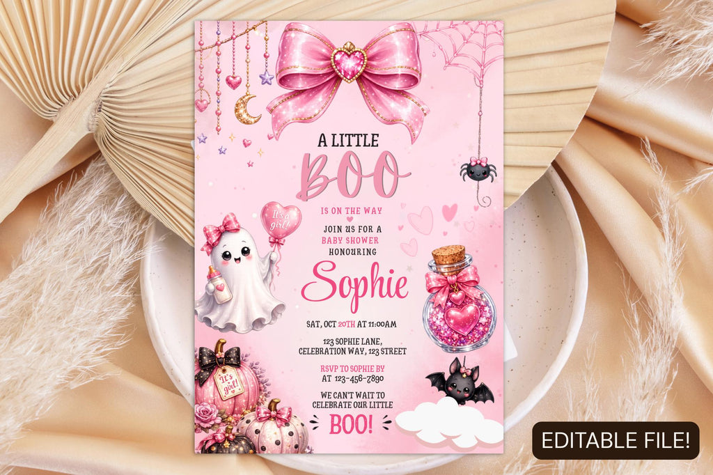 Pink Halloween Baby Shower Invitation, Little Boo Girl Ghost Invite (5x7 Instant Download)
