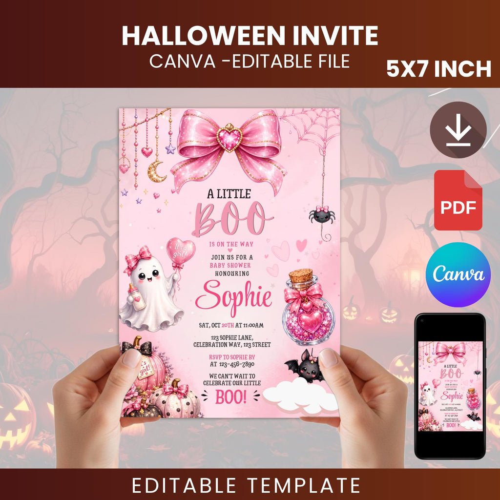 Pink Halloween Baby Shower Invitation, Little Boo Girl Ghost Invite (5x7 Instant Download)