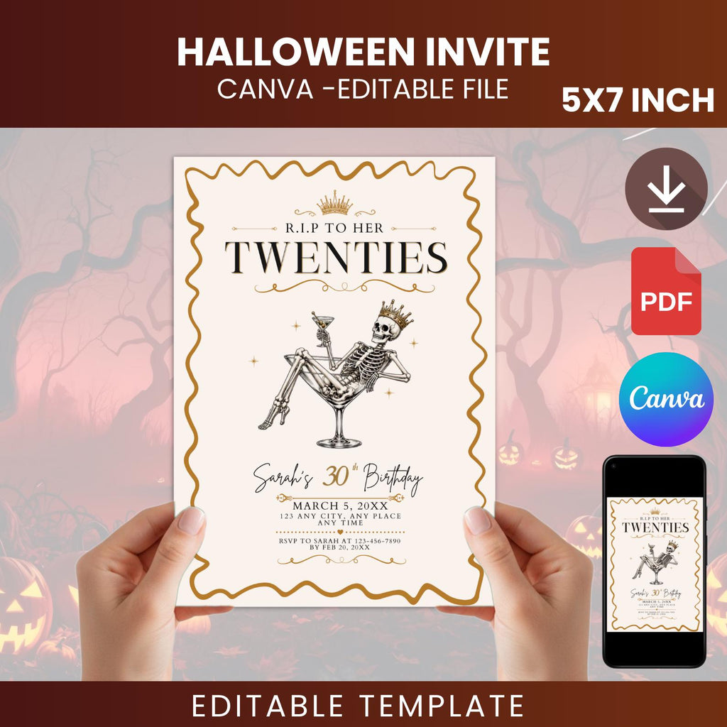 RIP Twenties 30th Birthday Invitation, Skeleton Cocktail Party Template (5x7 Download)