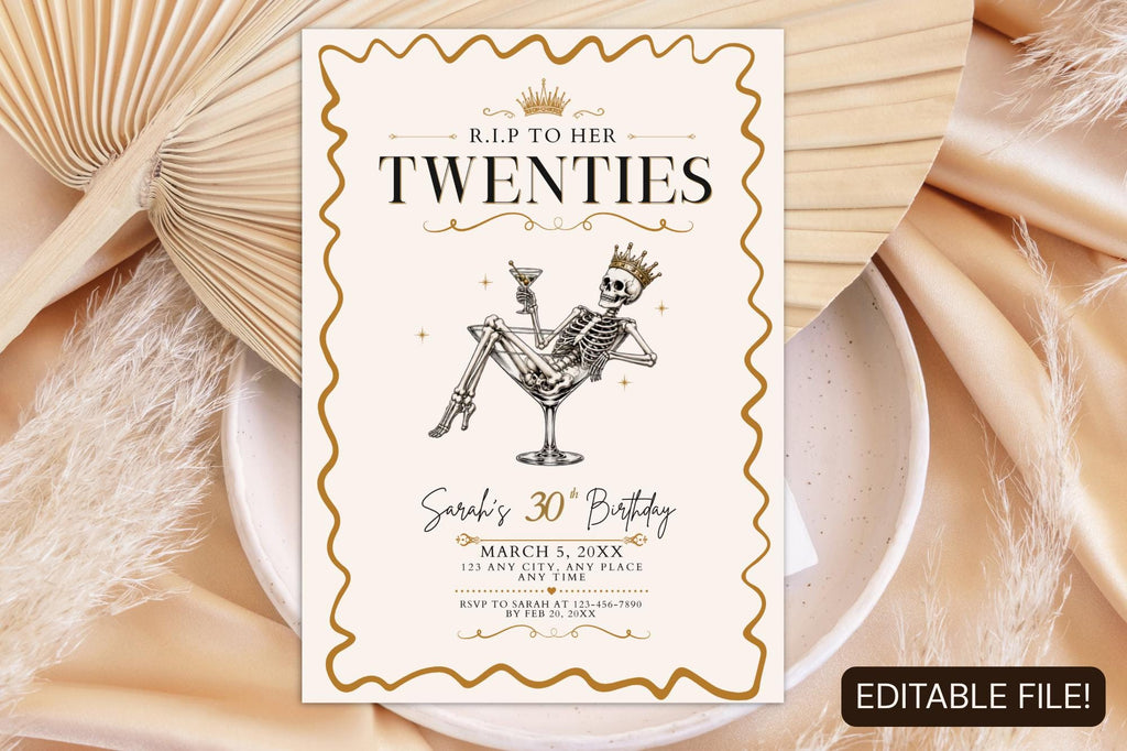 RIP Twenties 30th Birthday Invitation, Skeleton Cocktail Party Template (5x7 Download)