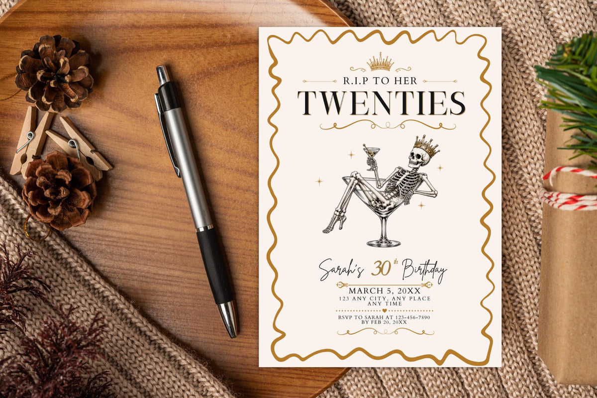 RIP Twenties 30th Birthday Invitation, Skeleton Cocktail Party Template (5x7 Download)