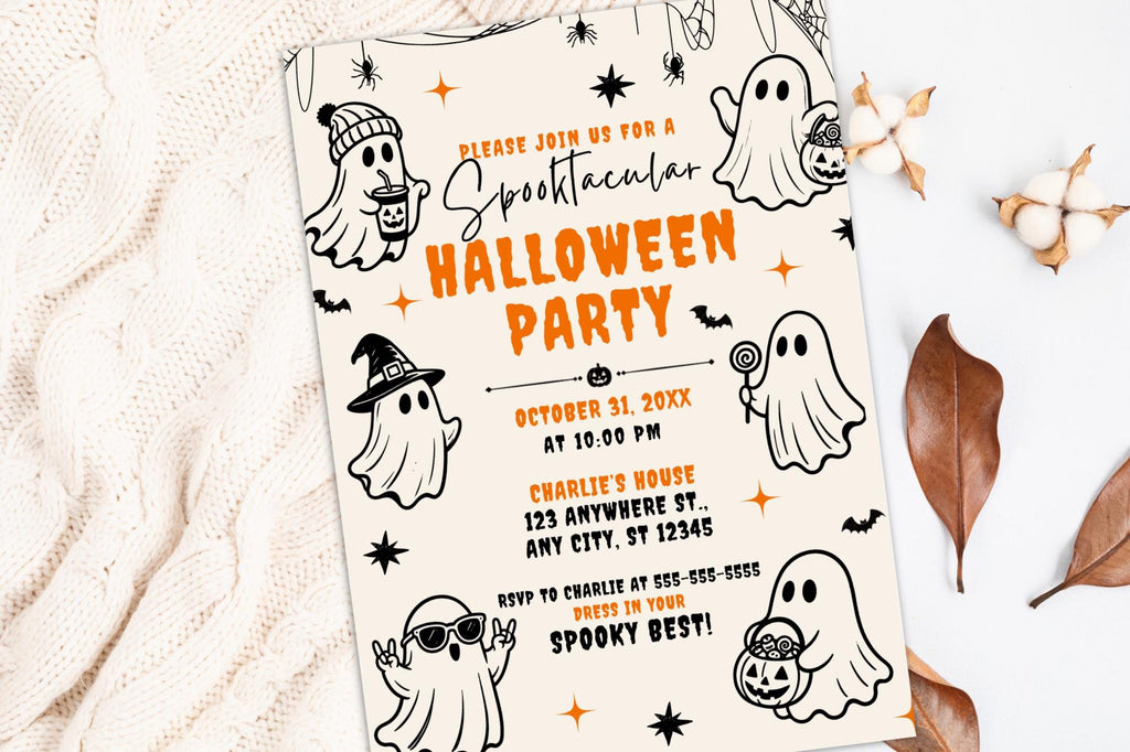 Retro Ghost Halloween Party Invitation, Editable Canva Template (5x7 Inch)