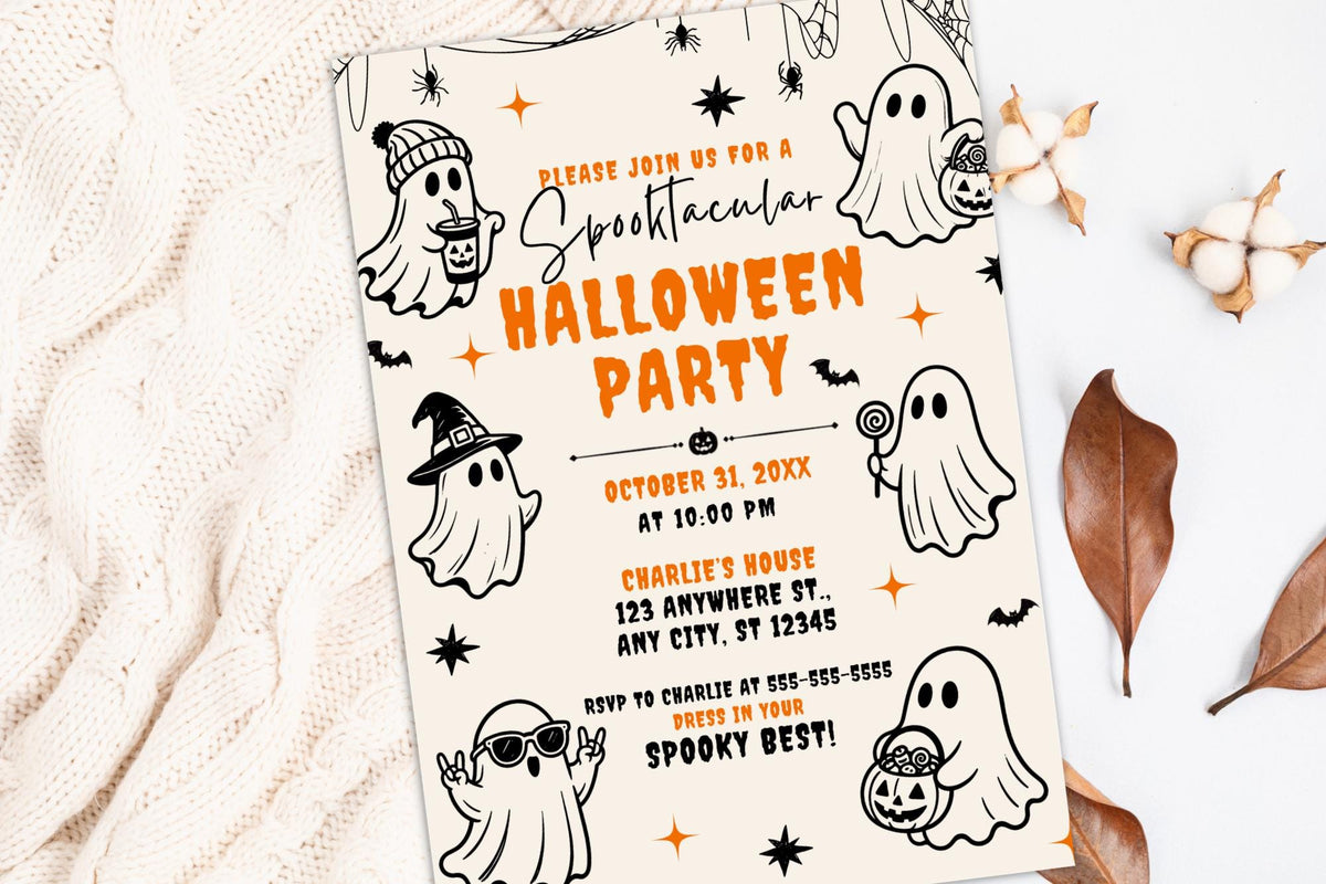 Retro Ghost Halloween Party Invitation, Editable Canva Template (5x7 Inch)