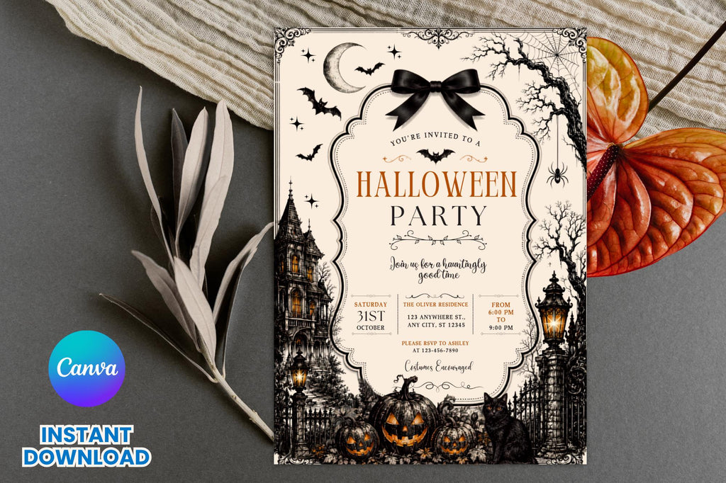 Editable Gothic Halloween Party Invitation, Vintage Spooky Invite (5x7 Inches)