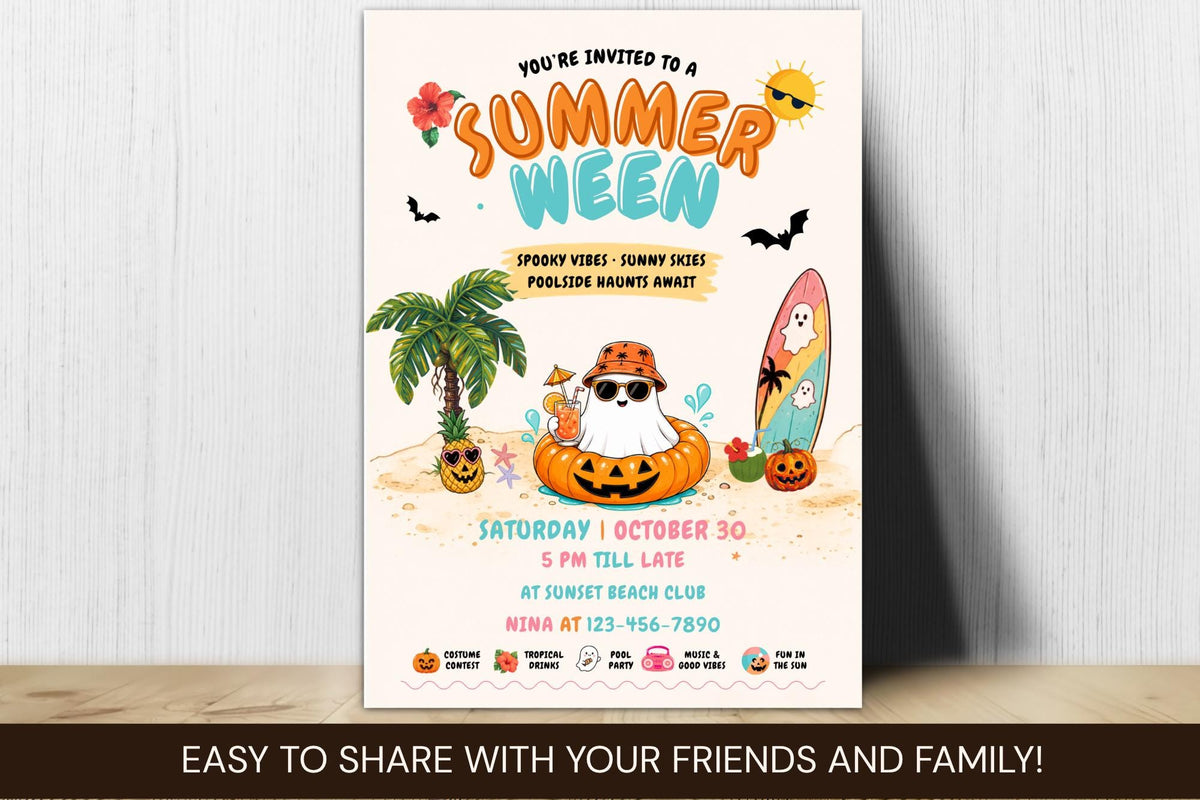 Summerween Party Invitation, Editable Tropical Halloween Pool Invite (Digital Download)