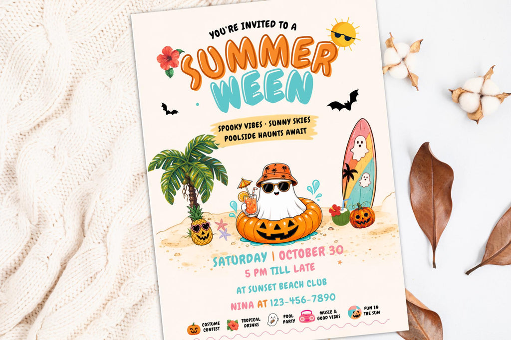 Summerween Party Invitation, Editable Tropical Halloween Pool Invite (Digital Download)