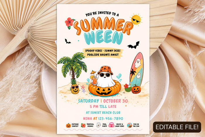Summerween Party Invitation, Editable Tropical Halloween Pool Invite (Digital Download)