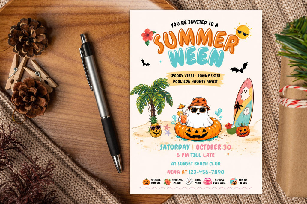 Summerween Party Invitation, Editable Tropical Halloween Pool Invite (Digital Download)